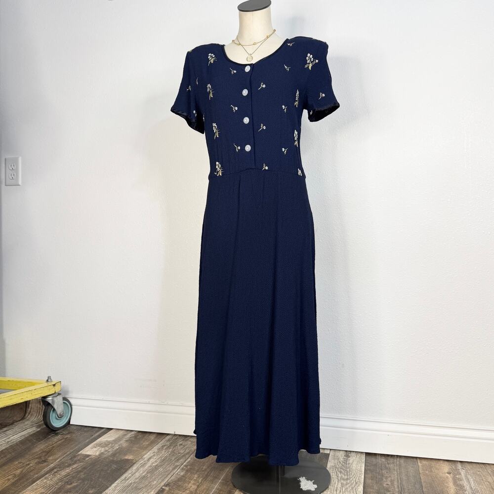Vintage 90s Navy Floral Midi Dress Button Cottagecore Embroidered Grunge Size 12